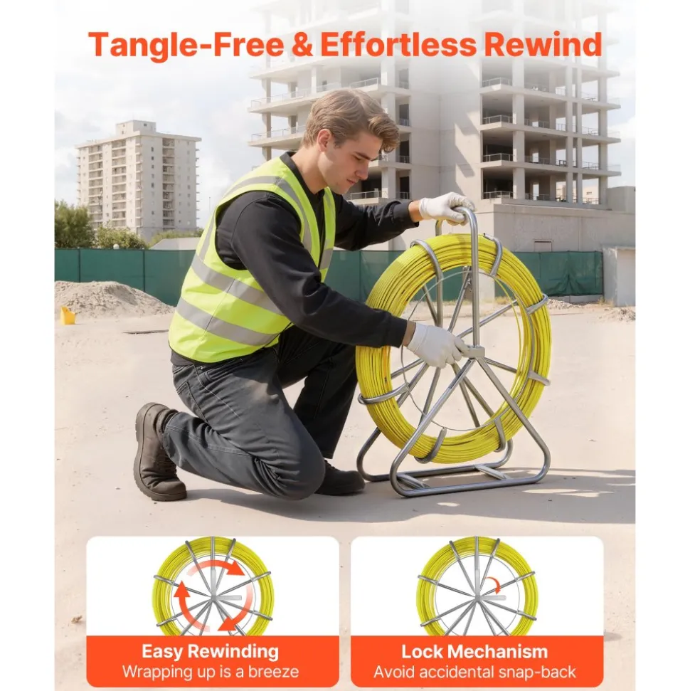 VEVOR Fish Tape Fiberglass, 656 ft, 5/16 in, Duct Rodder Fishtape Wire Puller, Cable Running Rod with Steel Reel Stand, 3 Pulling Heads, Fishing Tools for Walls and Electrical Conduit, Non-Conductive