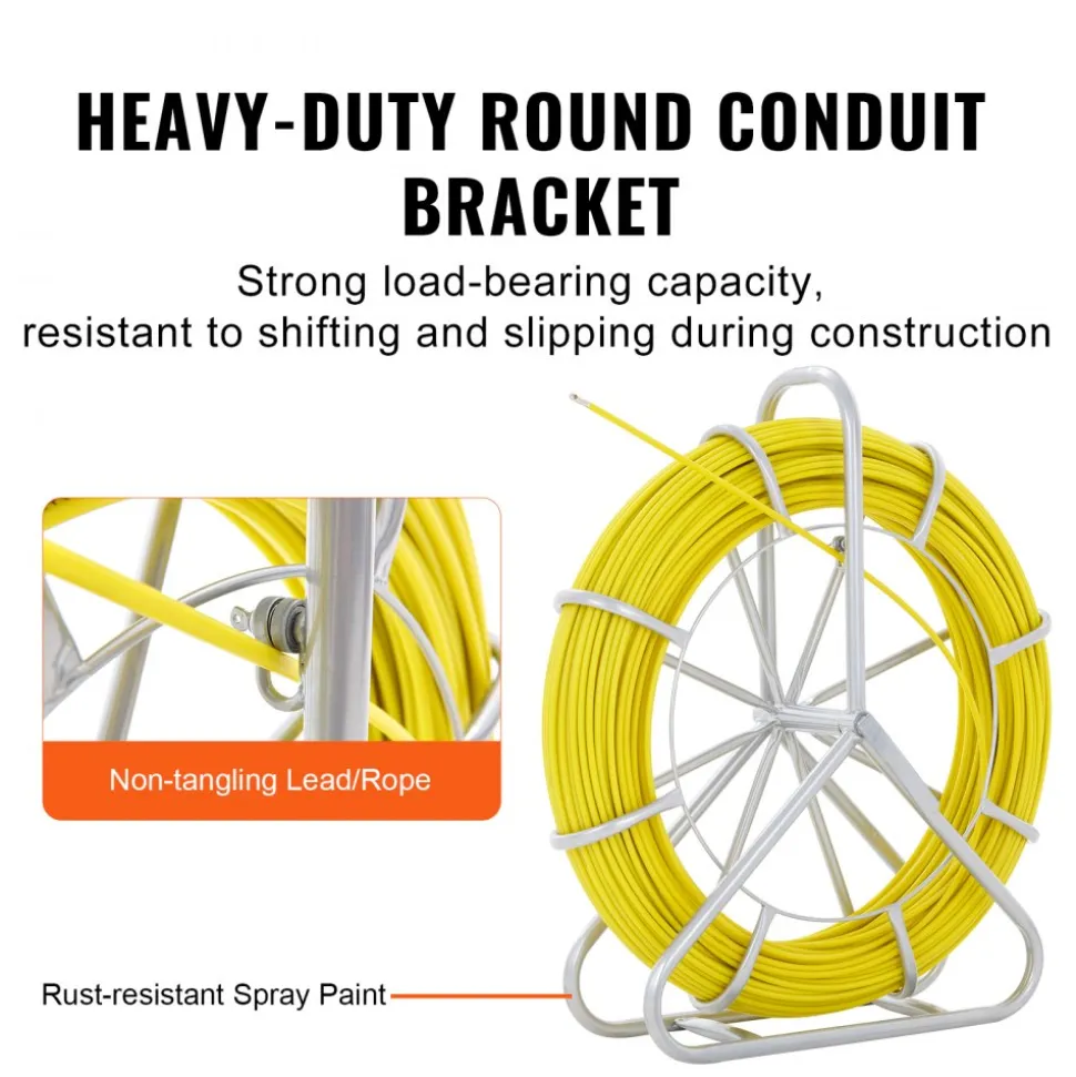 VEVOR Fish Tape Fiberglass, 600 ft, 5/16 in, Duct Rodder Fishtape Wire Puller, Cable Running Rod with Steel Reel Stand, 3 Pulling Heads, Fishing Tools for Walls and Electrical Conduit, Non-Conductive