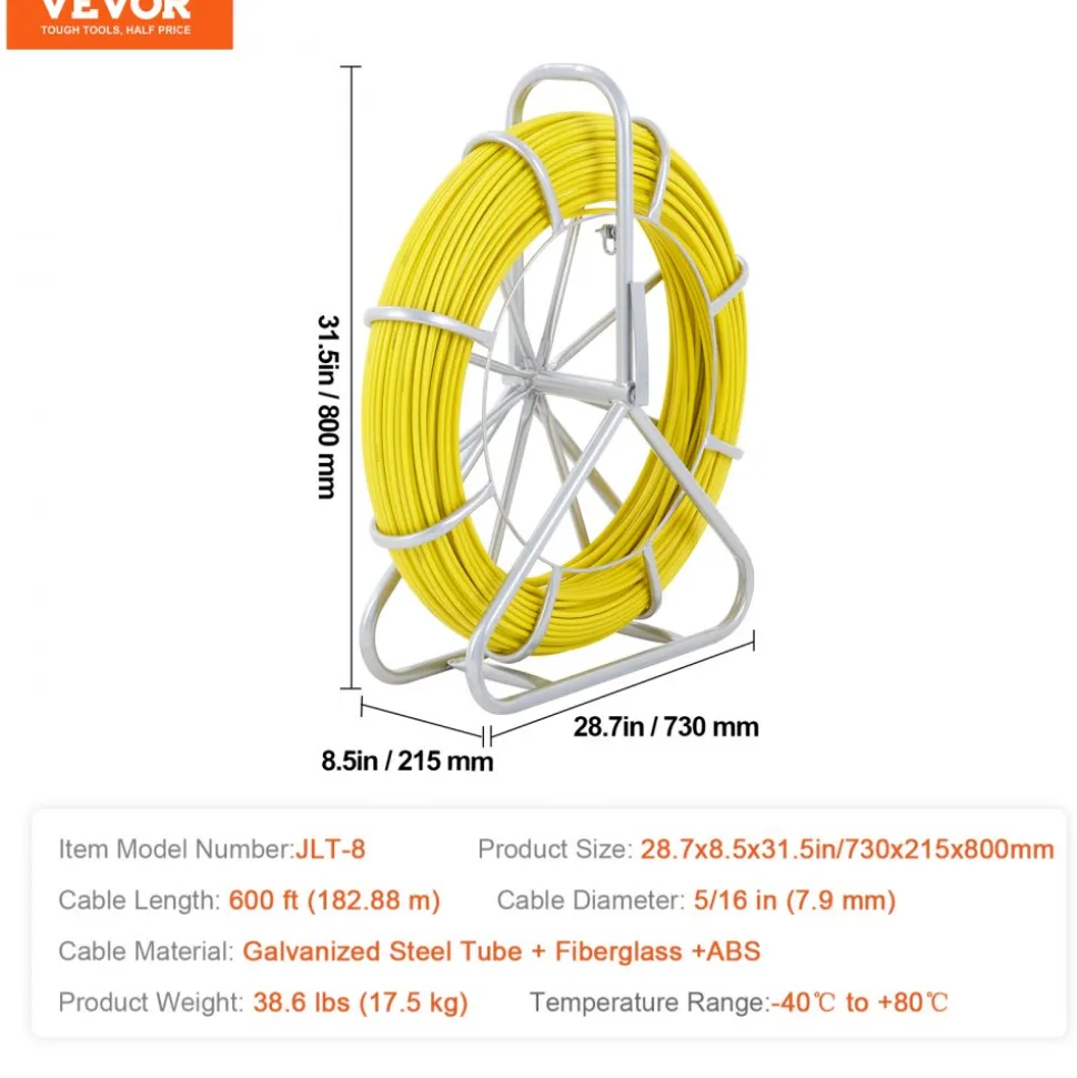 VEVOR Fish Tape Fiberglass, 600 ft, 5/16 in, Duct Rodder Fishtape Wire Puller, Cable Running Rod with Steel Reel Stand, 3 Pulling Heads, Fishing Tools for Walls and Electrical Conduit, Non-Conductive
