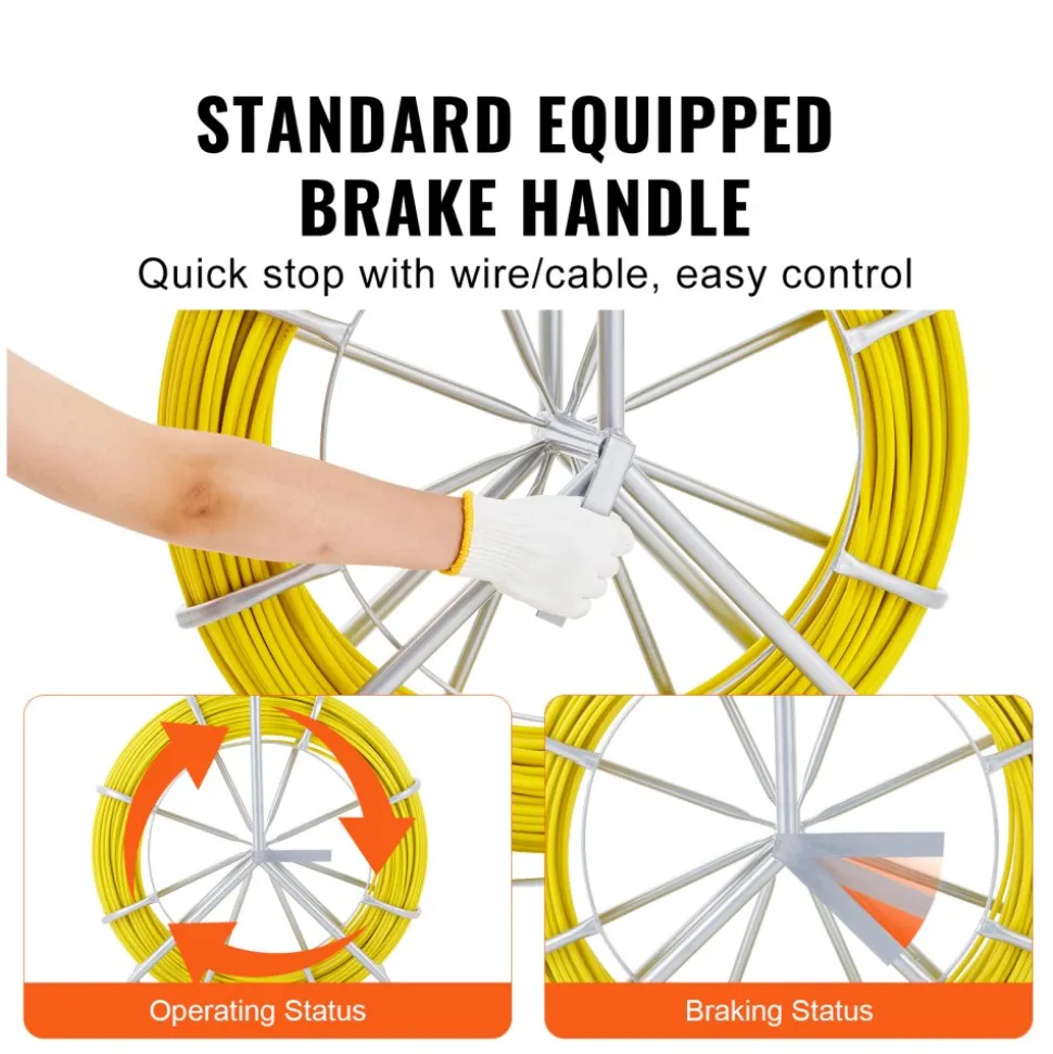 VEVOR Fish Tape Fiberglass, 600 ft, 5/16 in, Duct Rodder Fishtape Wire Puller, Cable Running Rod with Steel Reel Stand, 3 Pulling Heads, Fishing Tools for Walls and Electrical Conduit, Non-Conductive