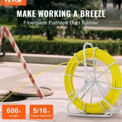 VEVOR Fish Tape Fiberglass, 600 ft, 5/16 in, Duct Rodder Fishtape Wire Puller, Cable Running Rod with Steel Reel Stand, 3 Pulling Heads, Fishing Tools for Walls and Electrical Conduit, Non-Conductive