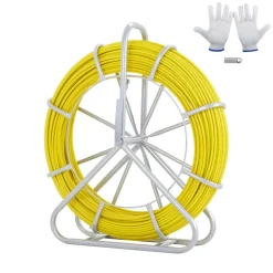 VEVOR Fish Tape Fiberglass, 600 ft, 5/16 in, Duct Rodder Fishtape Wire Puller, Cable Running Rod with Steel Reel Stand, 3 Pulling Heads, Fishing Tools for Walls and Electrical Conduit, Non-Conductive