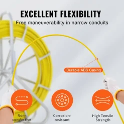 VEVOR Fish Tape Fiberglass, 600 ft, 5/16 in, Duct Rodder Fishtape Wire Puller, Cable Running Rod with Steel Reel Stand, 3 Pulling Heads, Fishing Tools for Walls and Electrical Conduit, Non-Conductive