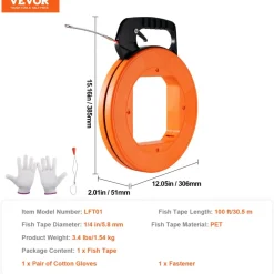 VEVOR Fish Tape, 100-foot, 1/4-inch, PET Wire Puller with Optimized Housing and Handle, Easy-to-Use Cable Puller Tool, Flexible Wire Fishing Tools for Walls and Electrical Conduit, Non-Conductive