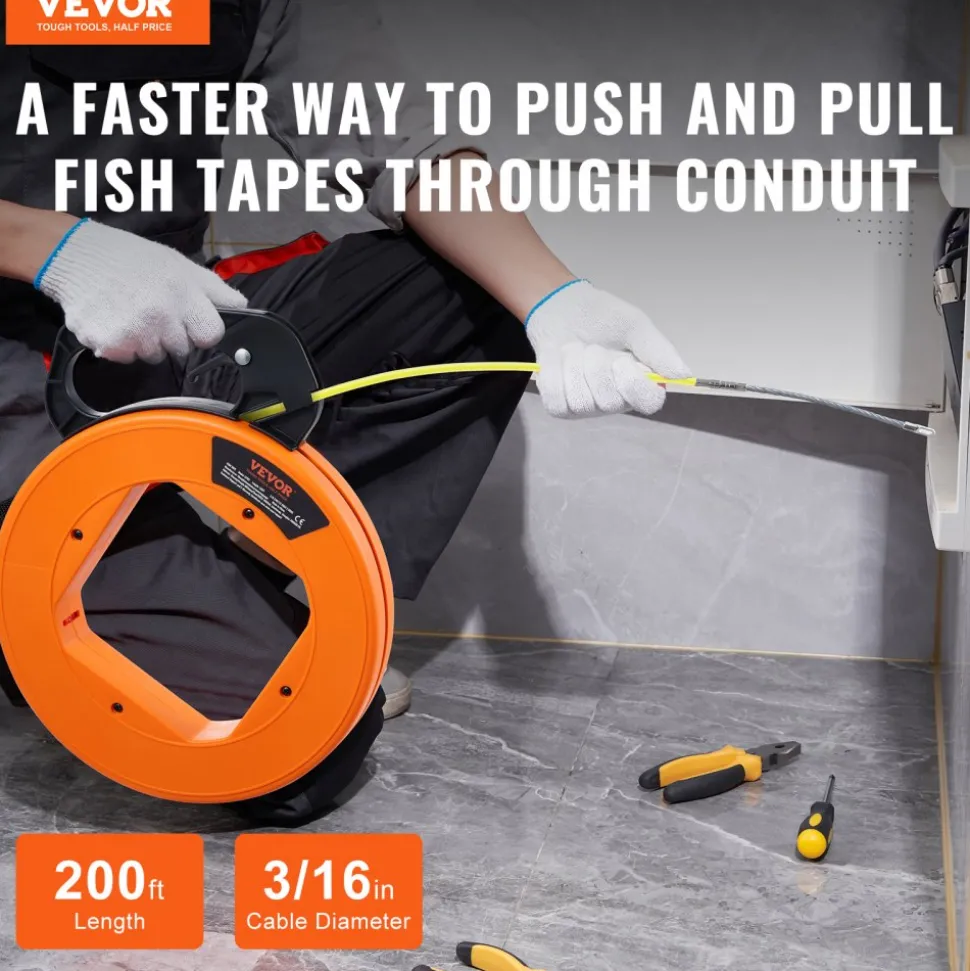 VEVOR Fish Tape, 200 ft, 3/16-inch, Fiberglass Wire Puller with Optimized Housing and Handle, Easy-to-Use Cable Puller Tool, Flexible Wire Fishing Tools for Wall and Electrical Conduit, Non-Conductive