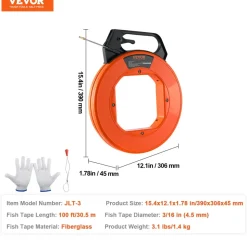 VEVOR Fish Tape, 100 ft, 3/16-inch, Fiberglass Cable Guide with Enhanced Casing and Grip, User-Friendly Wire Routing Instrument, Bendable Wiring Aid for Walls and Electrical Ducts, Insulating