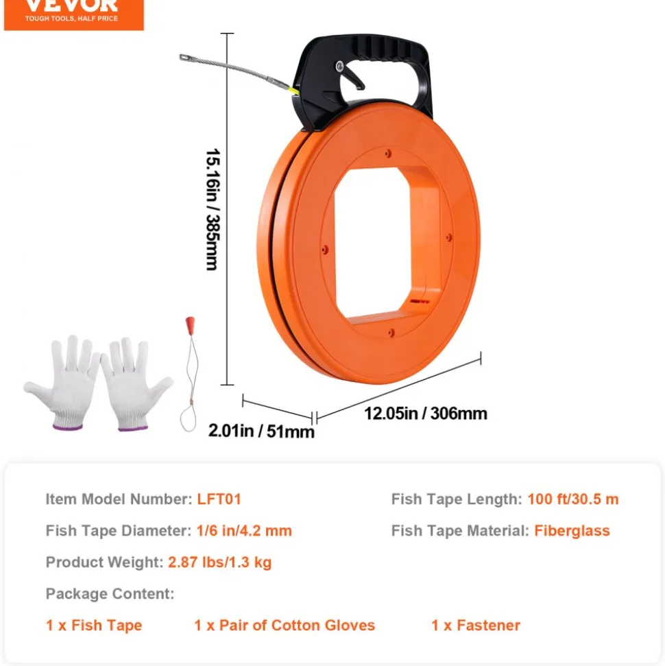 VEVOR Fish Tape, 100 ft, 1/6-inch, Fiberglass Wire Puller with Optimized Housing and Handle, Easy-to-Use Cable Puller Tool, Flexible Wire Fishing Tools for Wall and Electrical Conduit, Non-Conductive