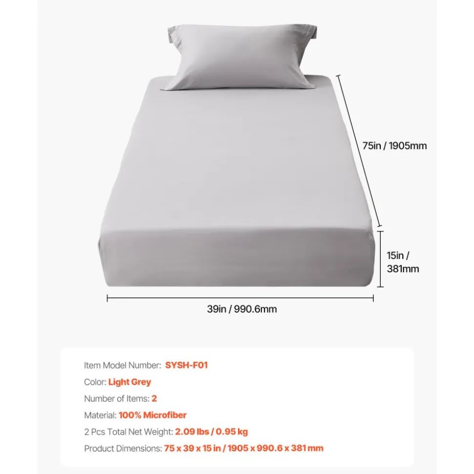VEVOR Fitted Sheet, 1 Set of 2 Pieces, Twin Size Elastic Fitted Sheet with High-Quality Microfiber, Wear-Resistant & Breathable Twin Fitted Sheet with Single-Sided Brushing, Fit for 15 in Mattress