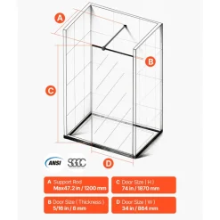 VEVOR Fixed Glass Shower Panel, 34 x 73.6 in Semi-Framed Fixed Shower Screen, 5/16 in Thick Clear Tempered Glass Door with Bottom Seal Strip and Hardware, Easy to Clean, for Bathroom, Matte Black