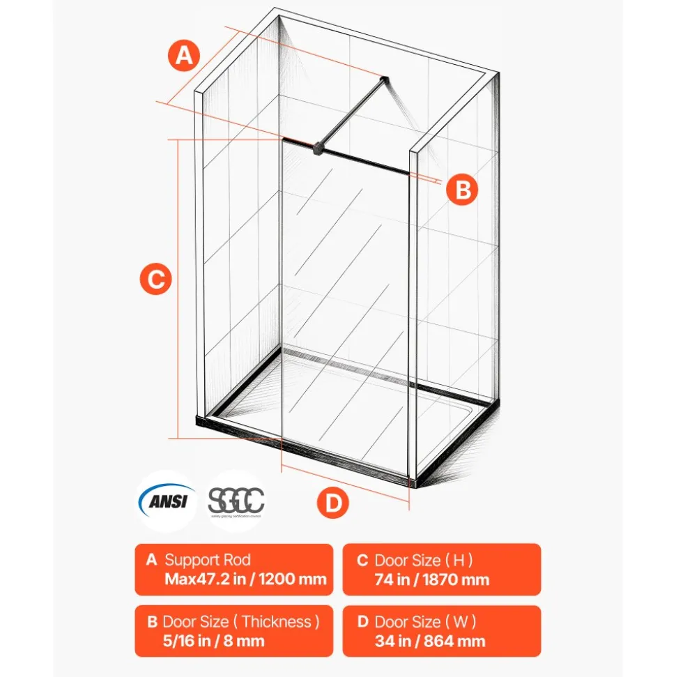 VEVOR Fixed Glass Shower Panel, 34 x 73.6 in Semi-Framed Fixed Shower Screen, 5/16 in Thick Clear Tempered Glass Door with Bottom Seal Strip and Hardware, Easy to Clean, for Bathroom, Matte Black