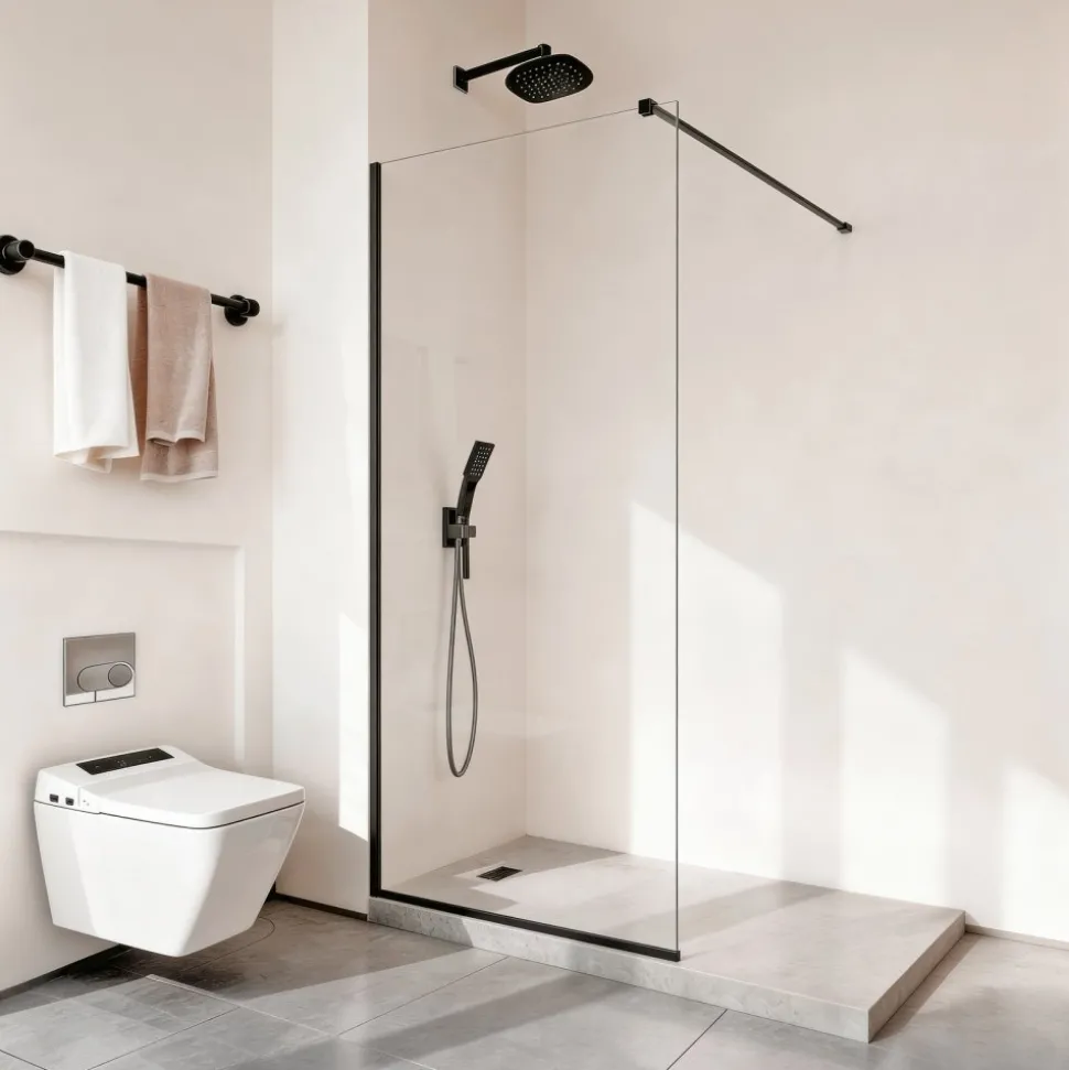 VEVOR Fixed Glass Shower Panel, 34 x 73.6 in Semi-Framed Fixed Shower Screen, 5/16 in Thick Clear Tempered Glass Door with Bottom Seal Strip and Hardware, Easy to Clean, for Bathroom, Matte Black