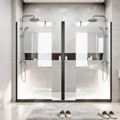 VEVOR Fixed Glass Shower Panel, 34 x 73.6 in Semi-Framed Fixed Shower Screen, 5/16 in Thick Clear Tempered Glass Door with Bottom Seal Strip and Hardware, Easy to Clean, for Bathroom, Matte Black