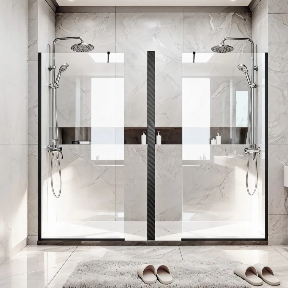 VEVOR Fixed Glass Shower Panel, 34 x 73.6 in Semi-Framed Fixed Shower Screen, 5/16 in Thick Clear Tempered Glass Door with Bottom Seal Strip and Hardware, Easy to Clean, for Bathroom, Matte Black