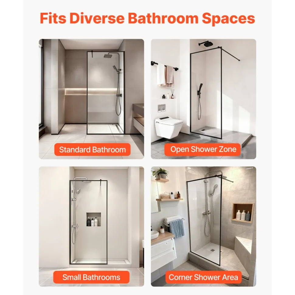 VEVOR Fixed Glass Shower Panel, 34 x 73.6 in Full-Framed Fixed Shower Screen, 5/16 in Thick Clear Tempered Glass Door with Bottom Seal Strip and Hardware, Easy to Clean, for Bathroom, Matte Black
