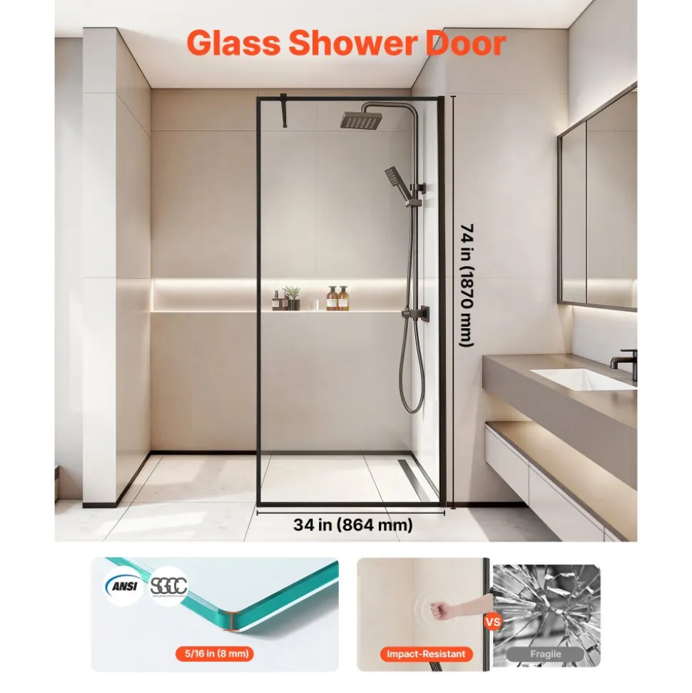 VEVOR Fixed Glass Shower Panel, 34 x 73.6 in Full-Framed Fixed Shower Screen, 5/16 in Thick Clear Tempered Glass Door with Bottom Seal Strip and Hardware, Easy to Clean, for Bathroom, Matte Black