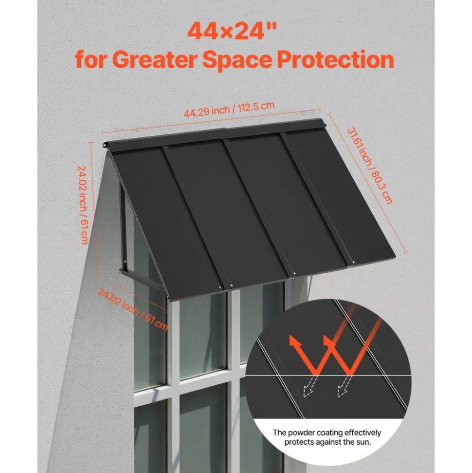 VEVOR Fixed Metal Awning 44 x 24 in, Window Awning Door Canopy, Stable Triangle Steel Frame Awnings for Doors Exterior Rain, and Snow Sunlight Protection for Door Entrance, Windows, Porches, Balconies