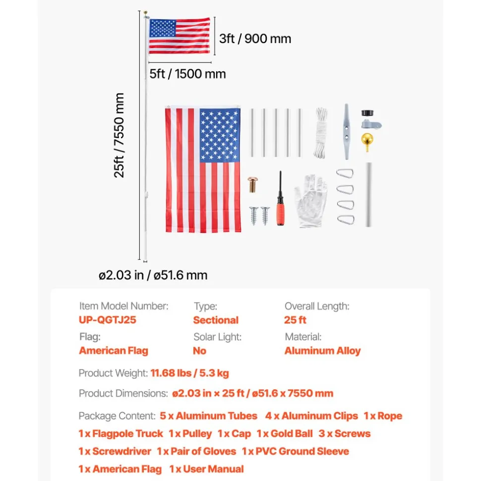 VEVOR Flag Pole, 25ft Heavy Duty Sectional Flagpole Kit for Outside House In Ground, Extra Thick Outdoor Aluminum Flagpole Kit with 3x5 American Flag for Yard, Residential or Commercial Use, Silver
