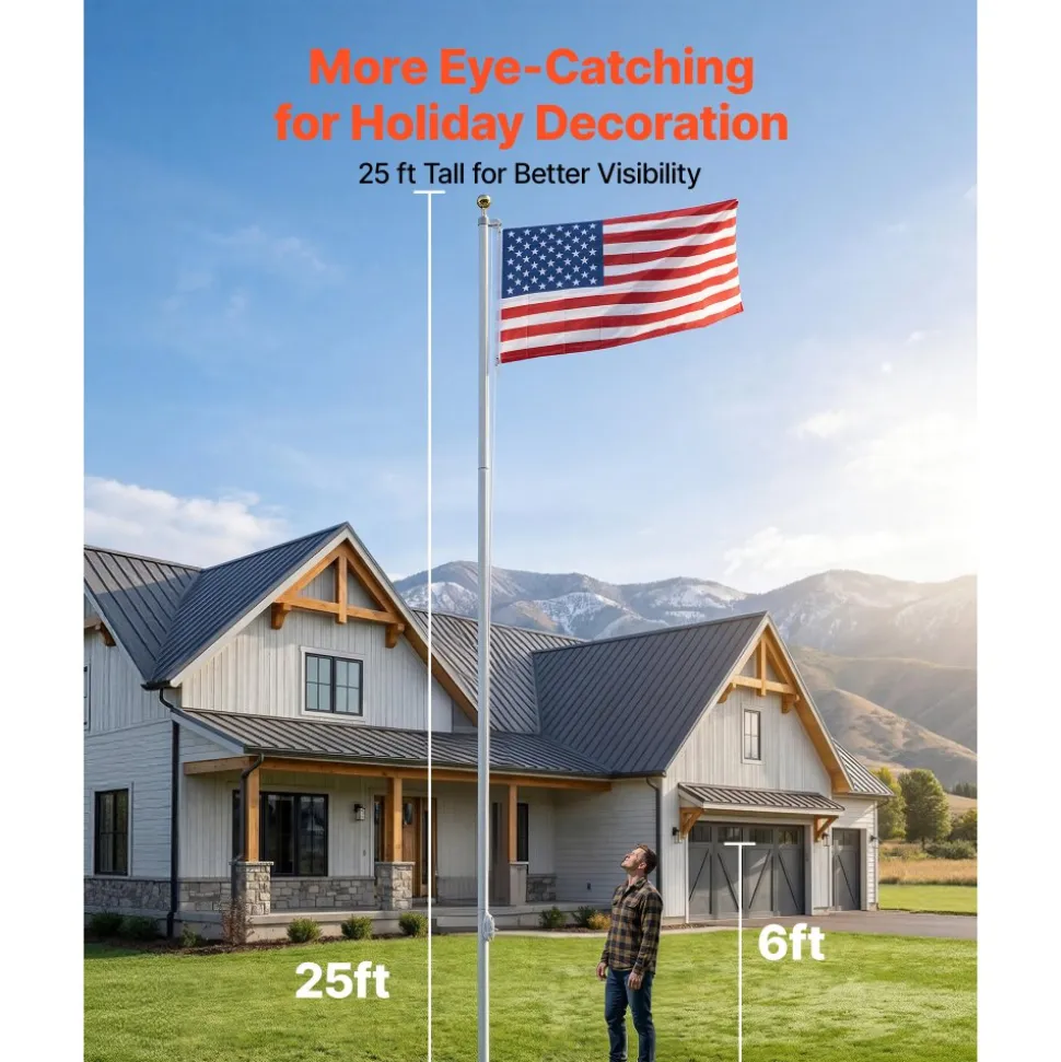 VEVOR Flag Pole, 25ft Heavy Duty Sectional Flagpole Kit for Outside House In Ground, Extra Thick Outdoor Aluminum Flagpole Kit with 3x5 American Flag for Yard, Residential or Commercial Use, Silver