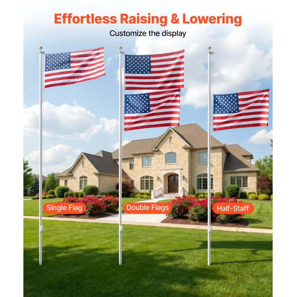 VEVOR Flag Pole, 25ft Heavy Duty Sectional Flagpole Kit for Outside House In Ground, Extra Thick Outdoor Aluminum Flagpole Kit with 3x5 American Flag for Yard, Residential or Commercial Use, Silver