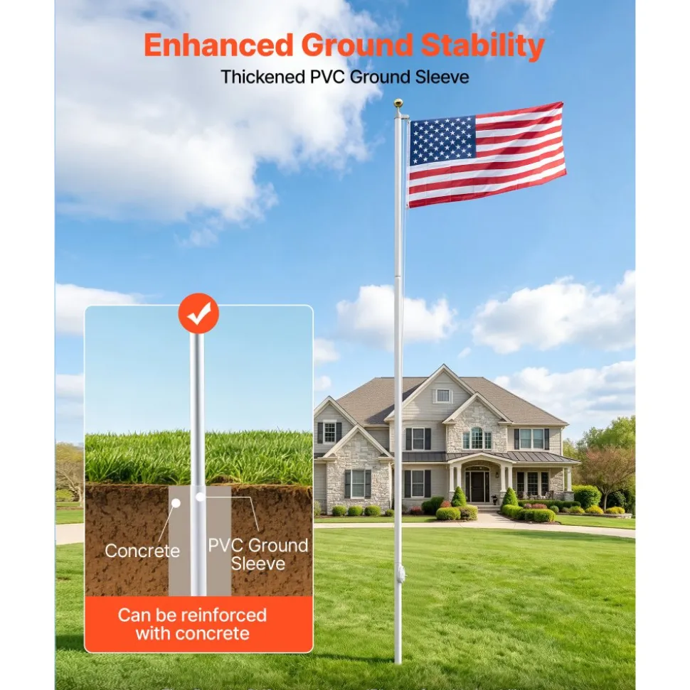 VEVOR Flag Pole, 25ft Heavy Duty Sectional Flagpole Kit for Outside House In Ground, Extra Thick Outdoor Aluminum Flagpole Kit with 3x5 American Flag for Yard, Residential or Commercial Use, Silver