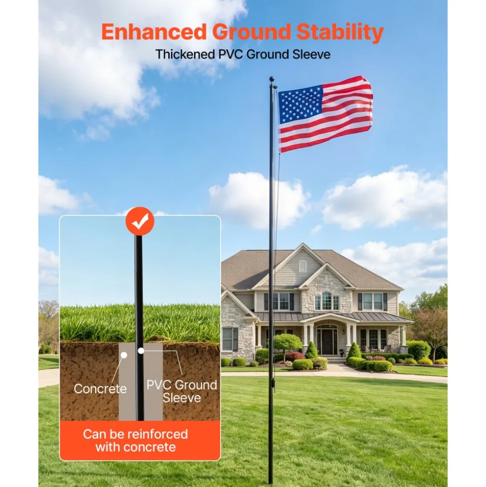 VEVOR Flag Pole, 20ft Heavy Duty Sectional Flagpole Kit for Outside House In Ground, Extra Thick Outdoor Aluminum Flagpole Kit with 3x5 American Flag for Yard, Residential or Commercial Use, Black