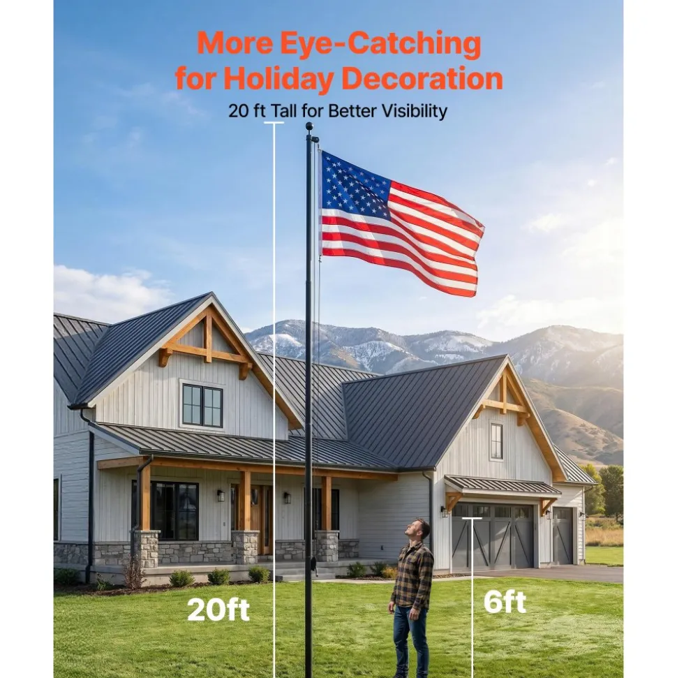 VEVOR Flag Pole, 20ft Heavy Duty Sectional Flagpole Kit for Outside House In Ground, Extra Thick Outdoor Aluminum Flagpole Kit with 3x5 American Flag for Yard, Residential or Commercial Use, Black