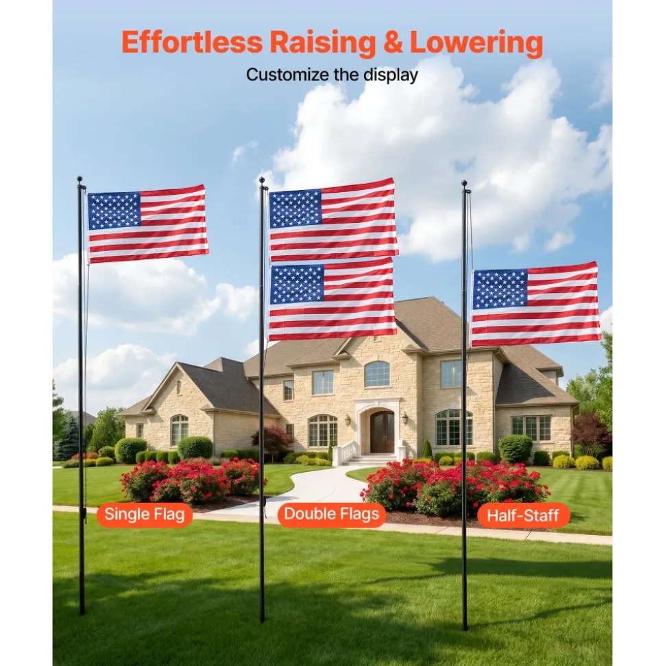 VEVOR Flag Pole, 20ft Heavy Duty Sectional Flagpole Kit for Outside House In Ground, Extra Thick Outdoor Aluminum Flagpole Kit with 3x5 American Flag for Yard, Residential or Commercial Use, Black