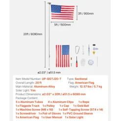 VEVOR Flag Pole, 20ft Heavy Duty Sectional Flagpole Kit with 136 LED Solar Light for Outside House In Ground, Outdoor Aluminum Flagpole with 3x5 American Flag for Yard, Residential, Commercial, Silver