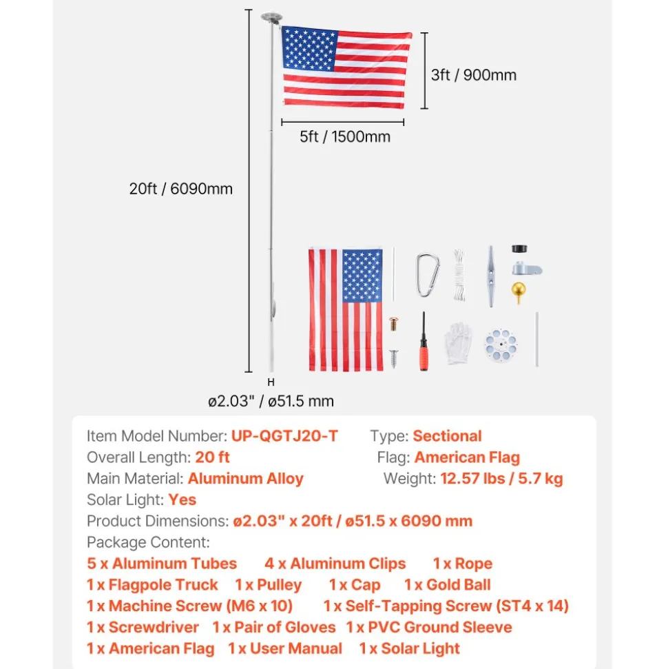 VEVOR Flag Pole, 20ft Heavy Duty Sectional Flagpole Kit with 136 LED Solar Light for Outside House In Ground, Outdoor Aluminum Flagpole with 3x5 American Flag for Yard, Residential, Commercial, Silver