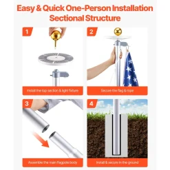 VEVOR Flag Pole, 20ft Heavy Duty Sectional Flagpole Kit with 136 LED Solar Light for Outside House In Ground, Outdoor Aluminum Flagpole with 3x5 American Flag for Yard, Residential, Commercial, Silver