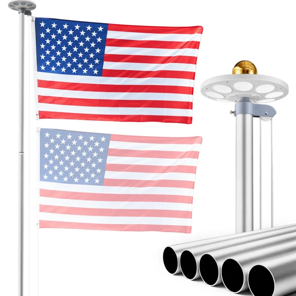 VEVOR Flag Pole, 20ft Heavy Duty Sectional Flagpole Kit with 136 LED Solar Light for Outside House In Ground, Outdoor Aluminum Flagpole with 3x5 American Flag for Yard, Residential, Commercial, Silver