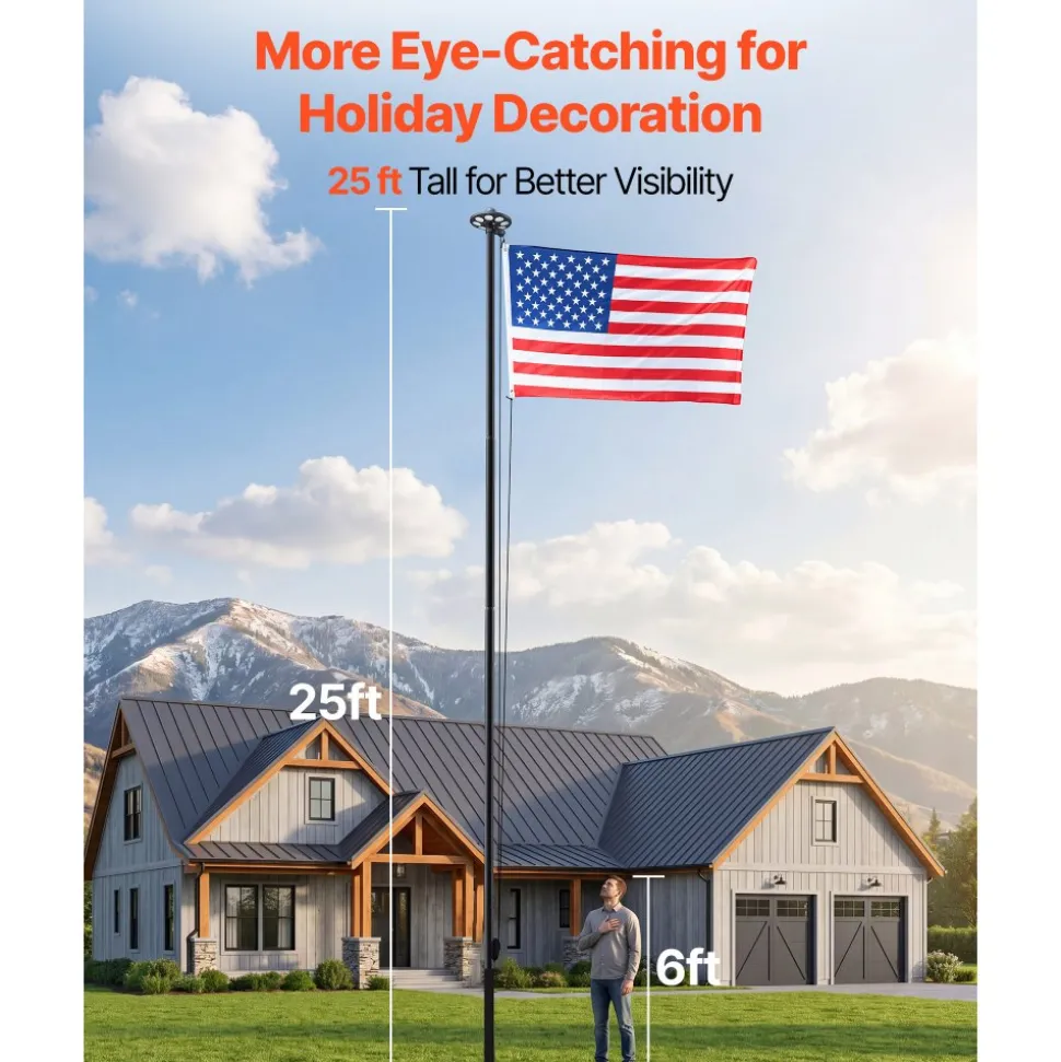 VEVOR Flag Pole, 25ft Heavy Duty Sectional Flagpole Kit with 136 LED Solar Light for Outside House In Ground, Outdoor Aluminum Flagpole with 3x5 American Flag for Yard, Residential, Commercial, Black
