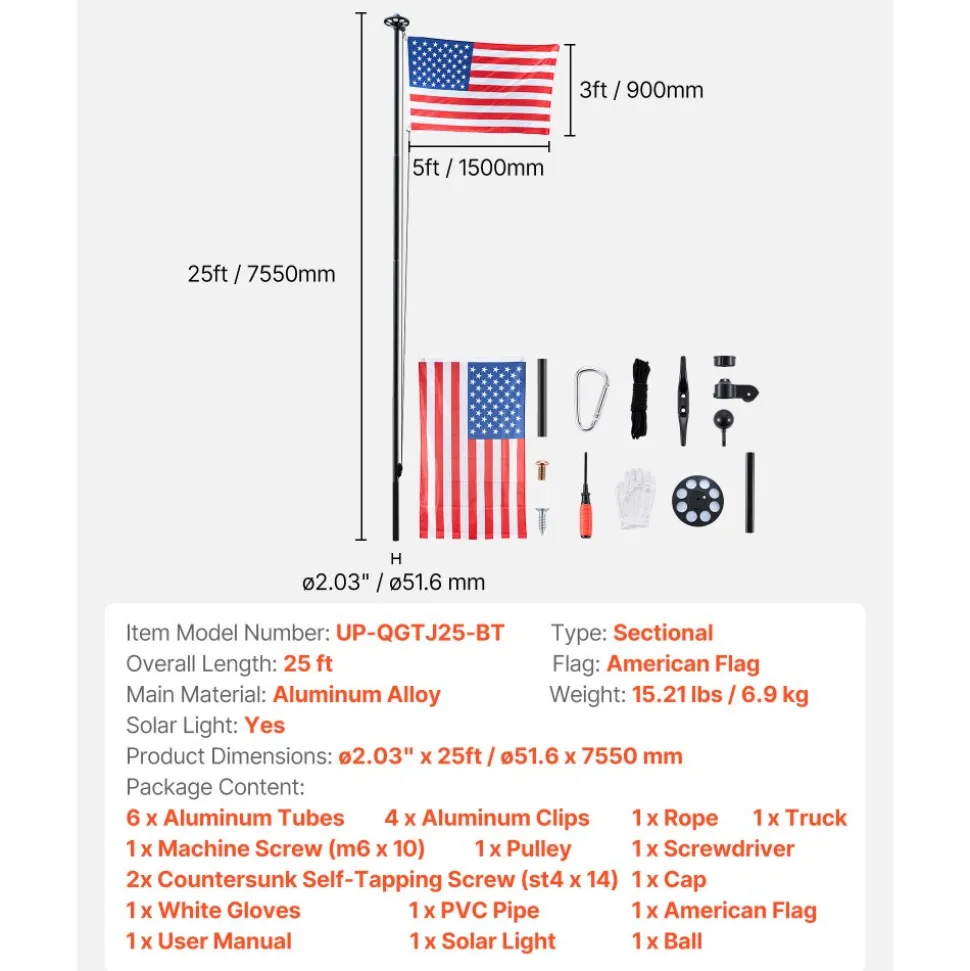 VEVOR Flag Pole, 25ft Heavy Duty Sectional Flagpole Kit with 136 LED Solar Light for Outside House In Ground, Outdoor Aluminum Flagpole with 3x5 American Flag for Yard, Residential, Commercial, Black