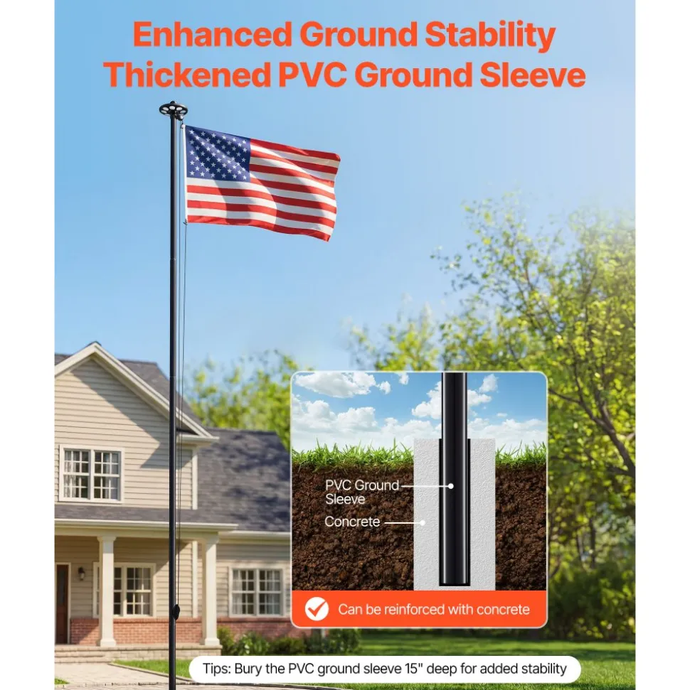 VEVOR Flag Pole, 25ft Heavy Duty Sectional Flagpole Kit with 136 LED Solar Light for Outside House In Ground, Outdoor Aluminum Flagpole with 3x5 American Flag for Yard, Residential, Commercial, Black