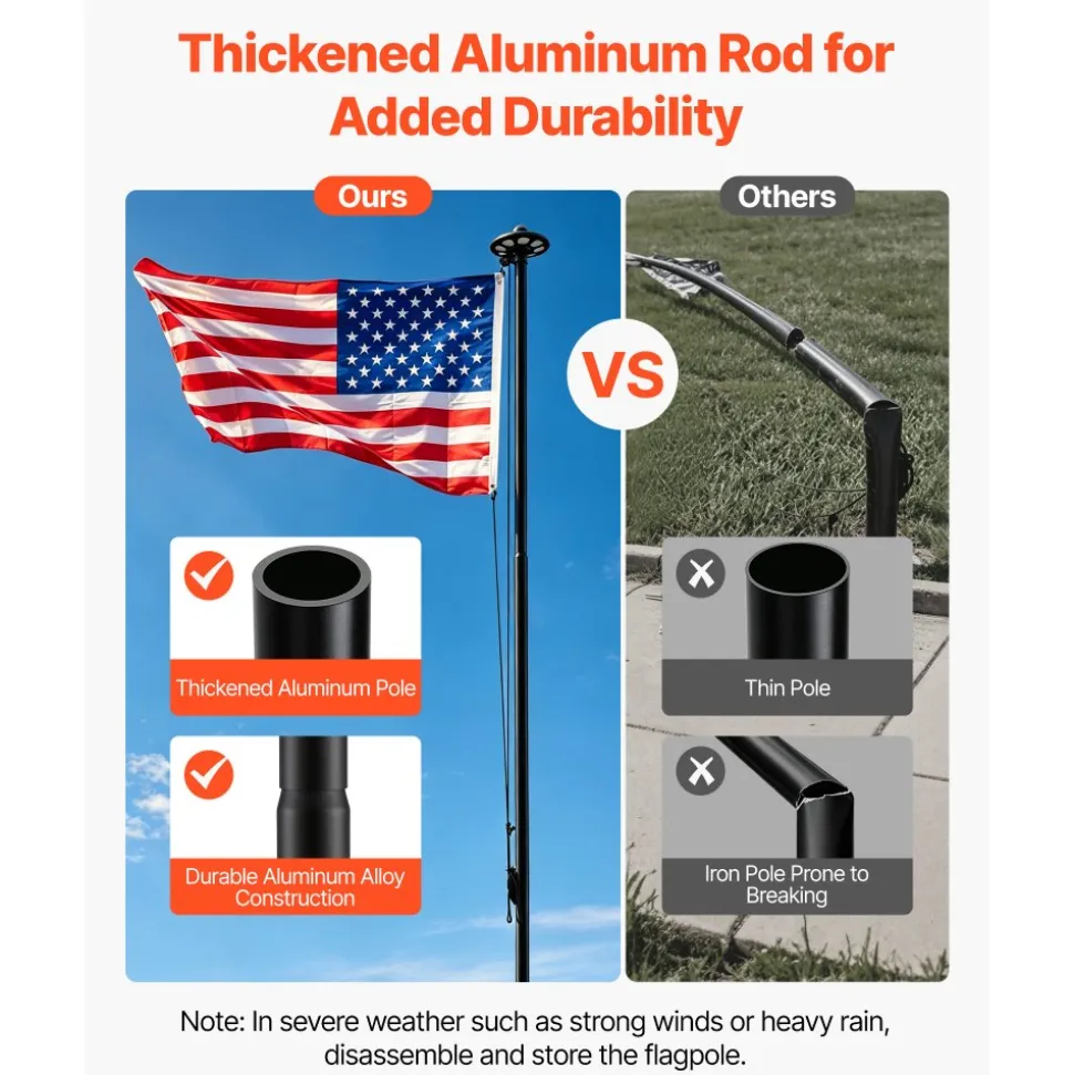 VEVOR Flag Pole, 20ft Heavy Duty Sectional Flagpole Kit with 136 LED Solar Light for Outside House In Ground, Outdoor Aluminum Flagpole with 3x5 American Flag for Yard, Residential, Commercial, Black