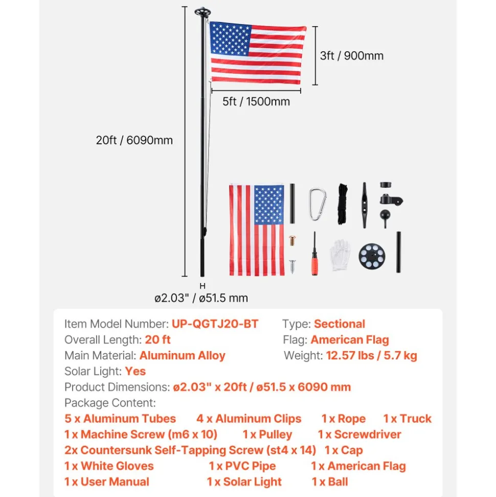 VEVOR Flag Pole, 20ft Heavy Duty Sectional Flagpole Kit with 136 LED Solar Light for Outside House In Ground, Outdoor Aluminum Flagpole with 3x5 American Flag for Yard, Residential, Commercial, Black