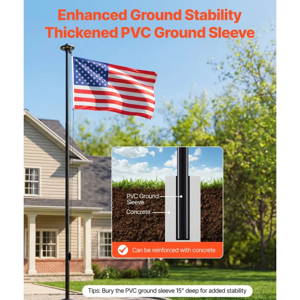VEVOR Flag Pole, 20ft Heavy Duty Sectional Flagpole Kit with 136 LED Solar Light for Outside House In Ground, Outdoor Aluminum Flagpole with 3x5 American Flag for Yard, Residential, Commercial, Black
