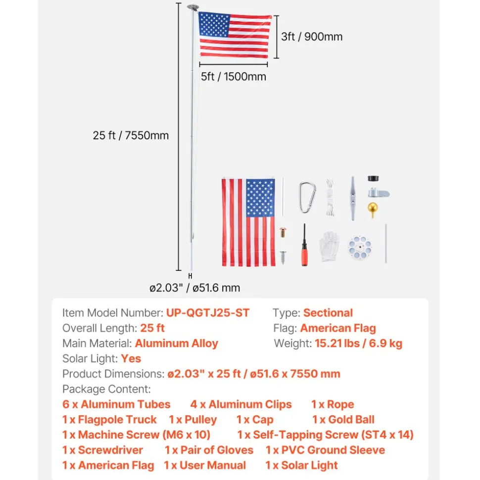 VEVOR Flag Pole, 25ft Heavy Duty Sectional Flagpole Kit with 136 LED Solar Light for Outside House In Ground, Outdoor Aluminum Flagpole with 3x5 American Flag for Yard, Residential, Commercial, Silver