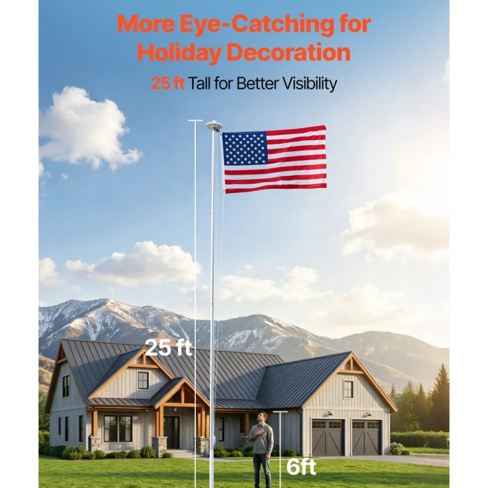 VEVOR Flag Pole, 25ft Heavy Duty Sectional Flagpole Kit with 136 LED Solar Light for Outside House In Ground, Outdoor Aluminum Flagpole with 3x5 American Flag for Yard, Residential, Commercial, Silver