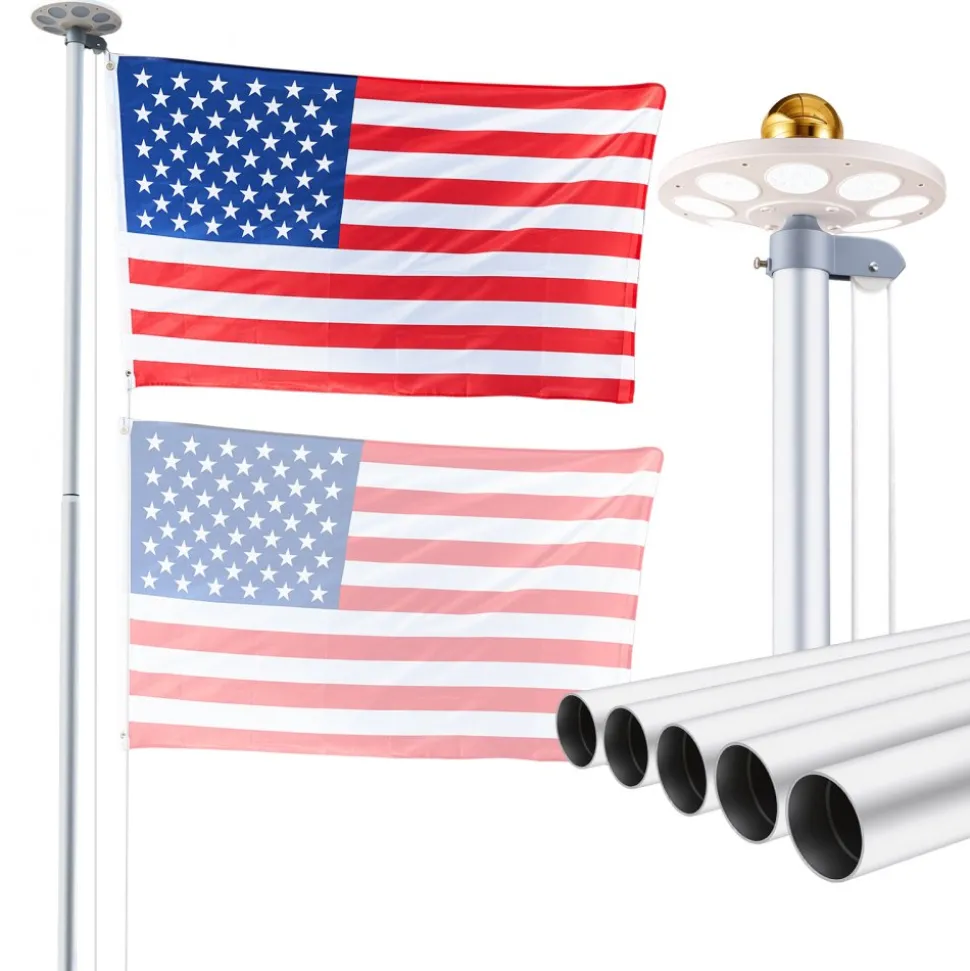 VEVOR Flag Pole, 25ft Heavy Duty Sectional Flagpole Kit with 136 LED Solar Light for Outside House In Ground, Outdoor Aluminum Flagpole with 3x5 American Flag for Yard, Residential, Commercial, Silver