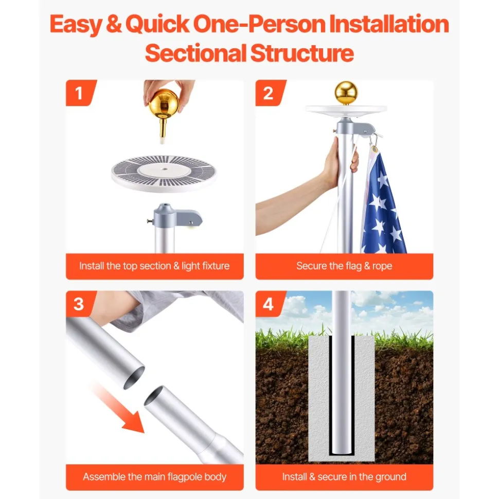 VEVOR Flag Pole, 25ft Heavy Duty Sectional Flagpole Kit with 136 LED Solar Light for Outside House In Ground, Outdoor Aluminum Flagpole with 3x5 American Flag for Yard, Residential, Commercial, Silver