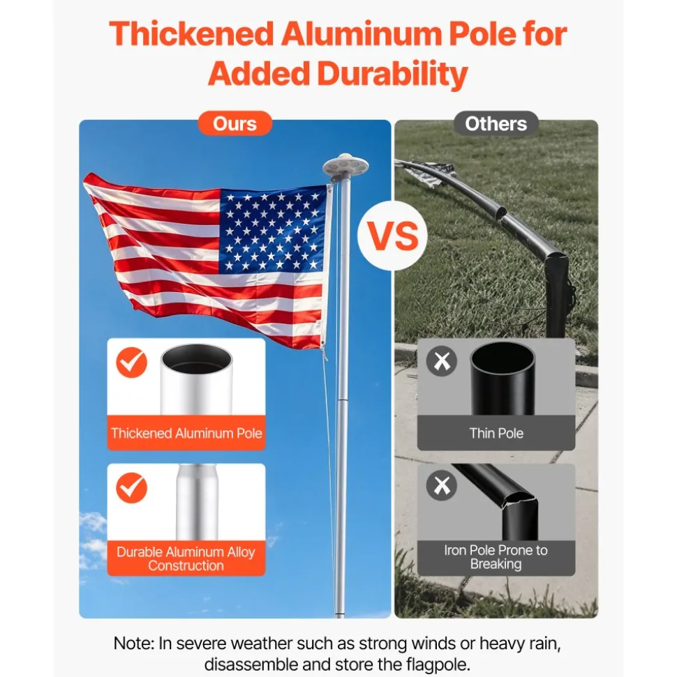 VEVOR Flag Pole, 25ft Heavy Duty Sectional Flagpole Kit with 136 LED Solar Light for Outside House In Ground, Outdoor Aluminum Flagpole with 3x5 American Flag for Yard, Residential, Commercial, Silver