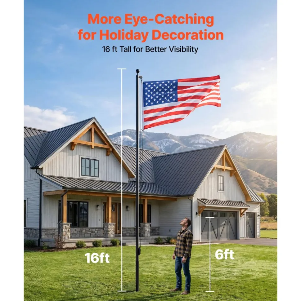 VEVOR Flag Pole, 16ft Heavy Duty Sectional Flagpole Kit for Outside House In Ground, Extra Thick Outdoor Aluminum Flagpole Kit with 3x5 American Flag for Yard, Residential or Commercial Use, Black