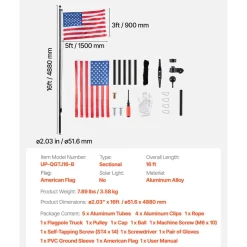 VEVOR Flag Pole, 16ft Heavy Duty Sectional Flagpole Kit for Outside House In Ground, Extra Thick Outdoor Aluminum Flagpole Kit with 3x5 American Flag for Yard, Residential or Commercial Use, Black