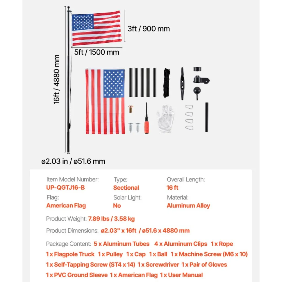 VEVOR Flag Pole, 16ft Heavy Duty Sectional Flagpole Kit for Outside House In Ground, Extra Thick Outdoor Aluminum Flagpole Kit with 3x5 American Flag for Yard, Residential or Commercial Use, Black