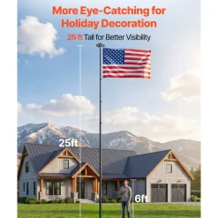 VEVOR Flag Pole, 25ft Heavy Duty Telescopic Flagpole Kit with 136 LED Solar Light for Outside House In Ground, Outdoor Aluminum Flagpole with 3x5 American Flag for Yard, Residential, Commercial, Black
