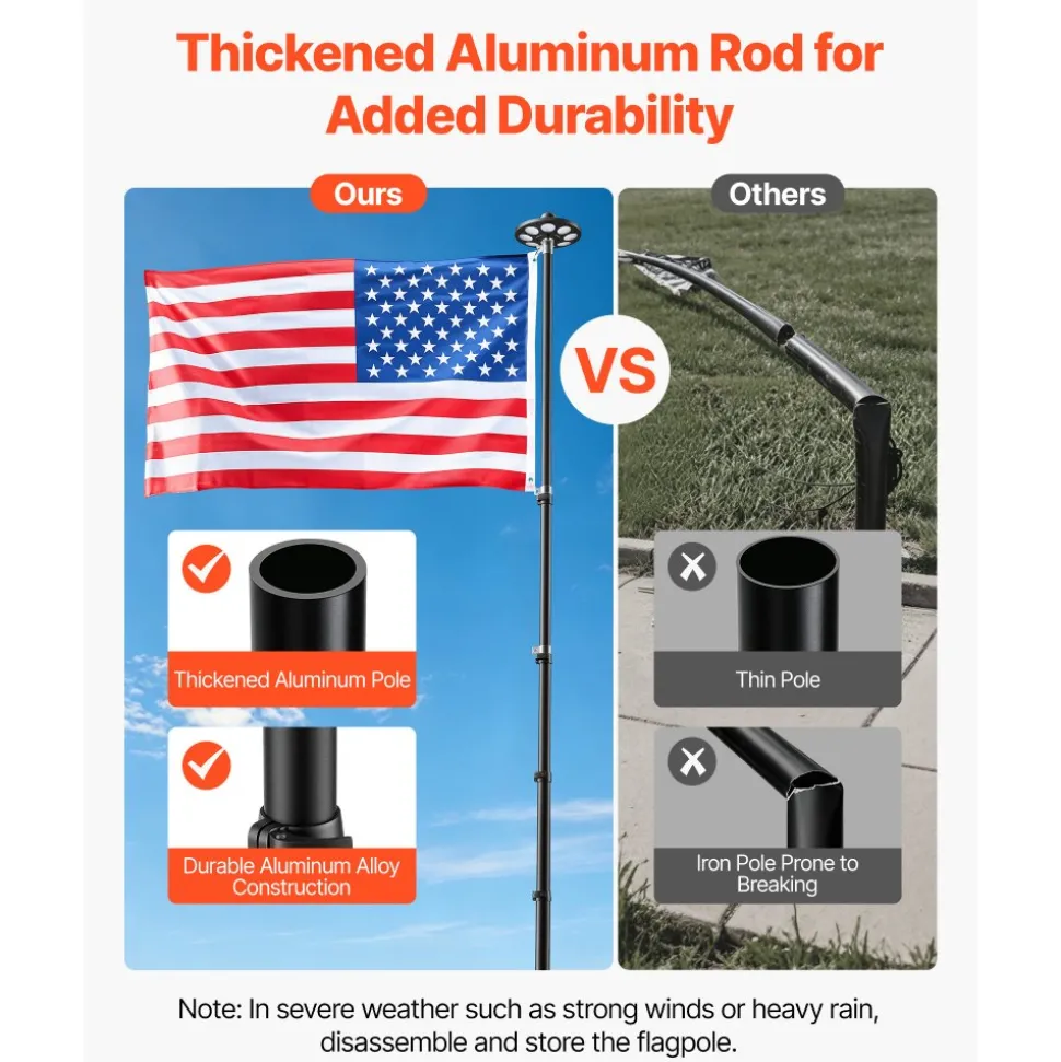 VEVOR Flag Pole, 25ft Heavy Duty Telescopic Flagpole Kit with 136 LED Solar Light for Outside House In Ground, Outdoor Aluminum Flagpole with 3x5 American Flag for Yard, Residential, Commercial, Black