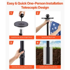 VEVOR Flag Pole, 25ft Heavy Duty Telescopic Flagpole Kit with 136 LED Solar Light for Outside House In Ground, Outdoor Aluminum Flagpole with 3x5 American Flag for Yard, Residential, Commercial, Black