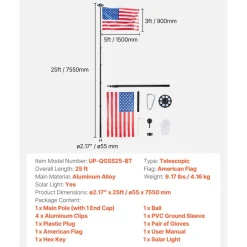 VEVOR Flag Pole, 25ft Heavy Duty Telescopic Flagpole Kit with 136 LED Solar Light for Outside House In Ground, Outdoor Aluminum Flagpole with 3x5 American Flag for Yard, Residential, Commercial, Black