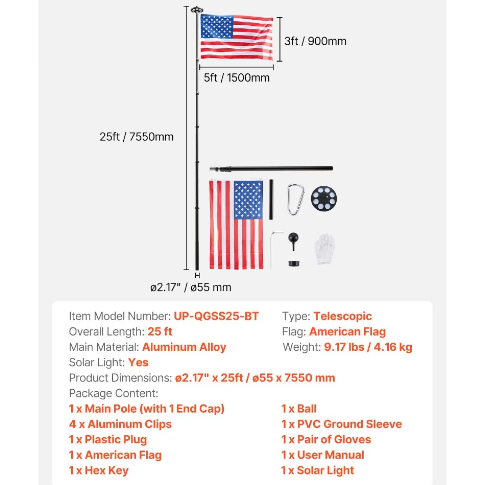 VEVOR Flag Pole, 25ft Heavy Duty Telescopic Flagpole Kit with 136 LED Solar Light for Outside House In Ground, Outdoor Aluminum Flagpole with 3x5 American Flag for Yard, Residential, Commercial, Black